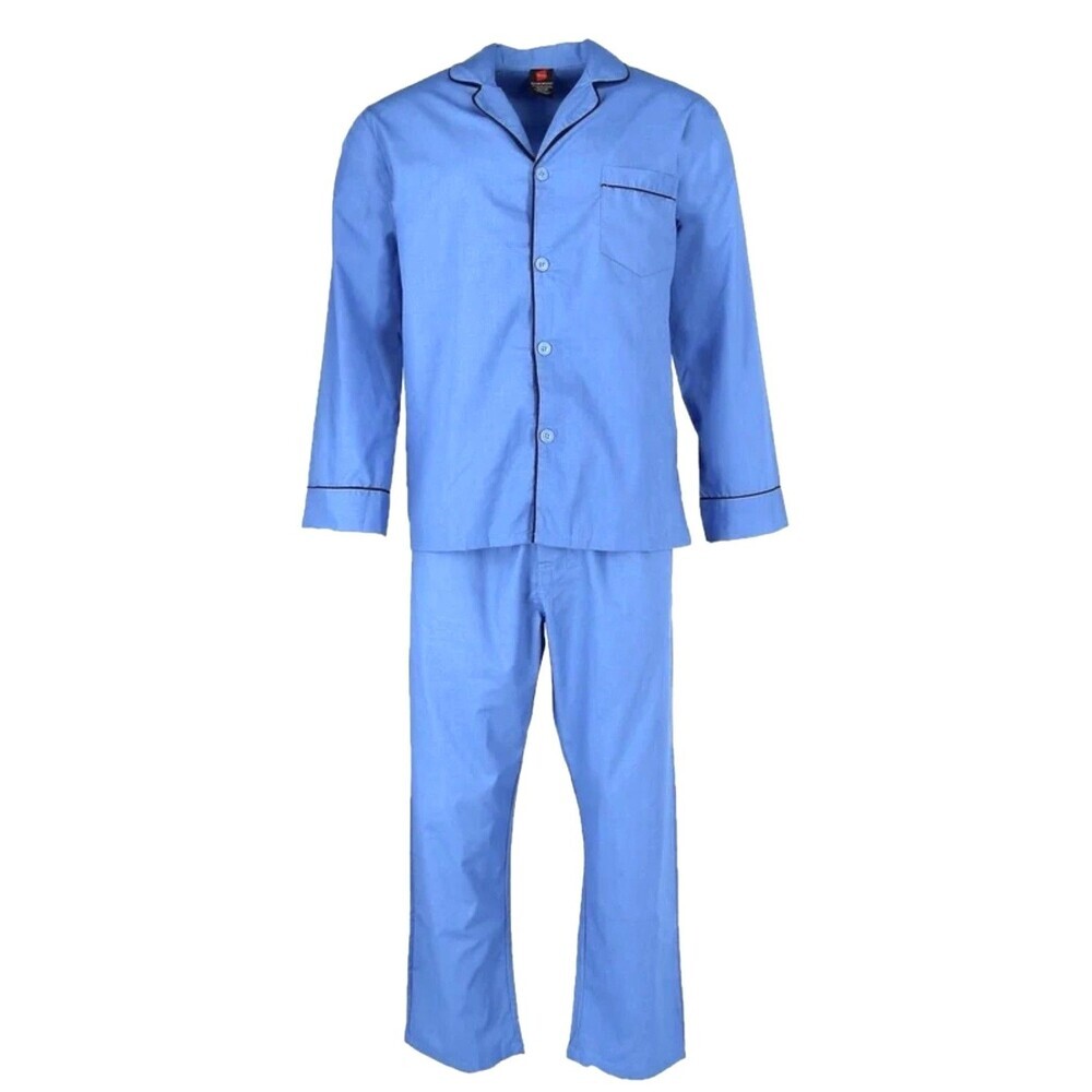 Hanes Mens Broadcloth Blue Woven Sleepwear Pajama Sleep Set M Long Sleeve